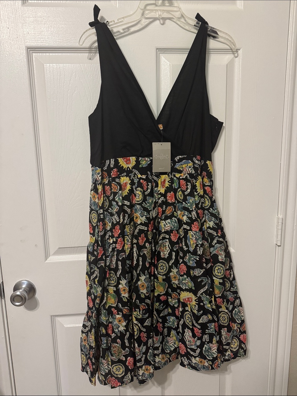 Maeve Black V-Neck Midi Dress with Multicolor Floral Skirt